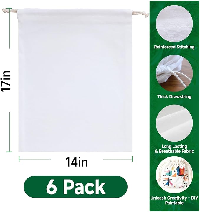 Simple&Opulence 6-Pack 14” x 17” Linen Cotton Drawstring Bags Reusable Grocery Sacks, DIY Craft Sachet Sacks Storage Cloth Bags for Party Wedding Home Bulk Produce Bags, Washable, White
