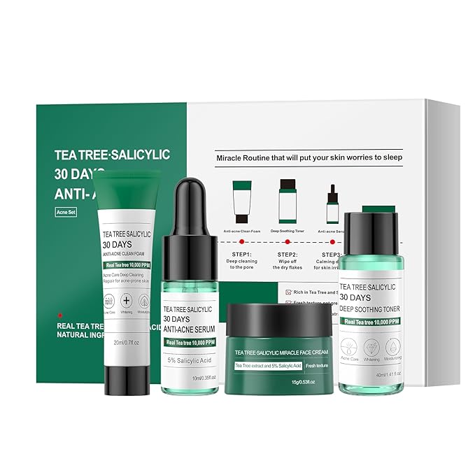 Tea Tree Salicylic Acid Facial Skin Care Set,Travel Size Gifts Set Cystic Hormonal Acne Treatment Face Wash Cleanser, Facial Toner Cream Moisturizer Travel Essentials for Pimple