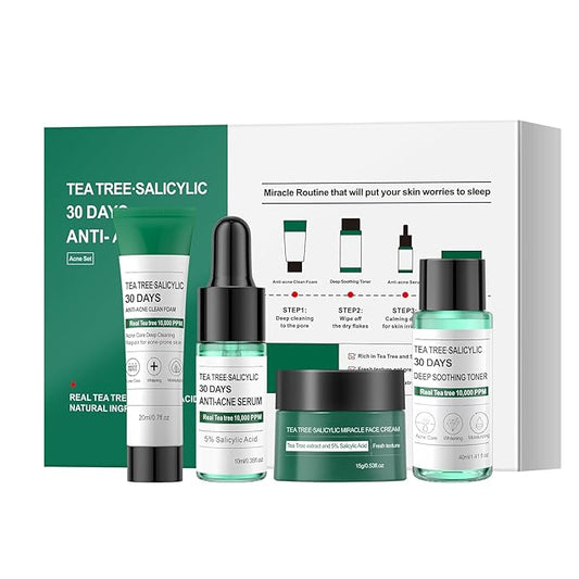 Tea Tree Salicylic Acid Facial Skin Care Set,Travel Size Gifts Set Cystic Hormonal Acne Treatment Face Wash Cleanser, Facial Toner Cream Moisturizer Travel Essentials for Pimple