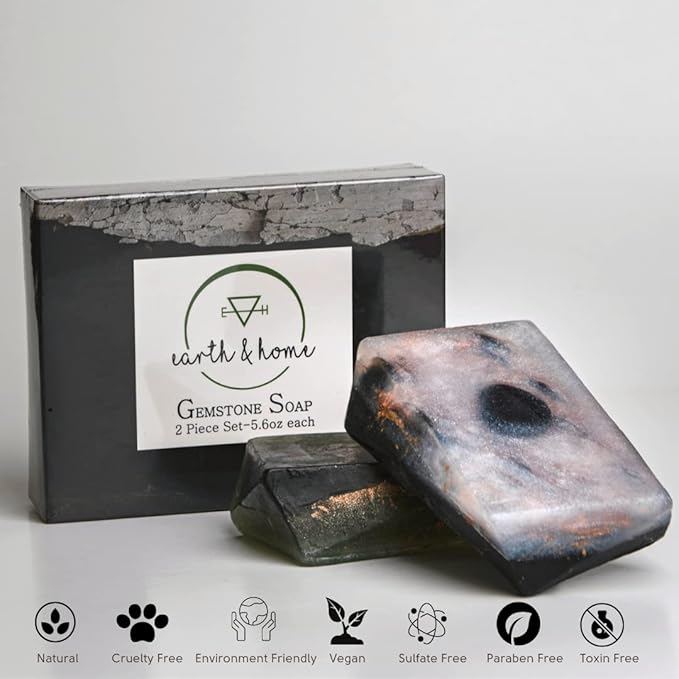 Earth & Home Rock Soap Gift Set of 2- Mothers Day Gift- Decorative Scented Gemstone Soap with Crystals (Jade & Black Obsidian) Inside- with Natural Ingredients & Essential Oil