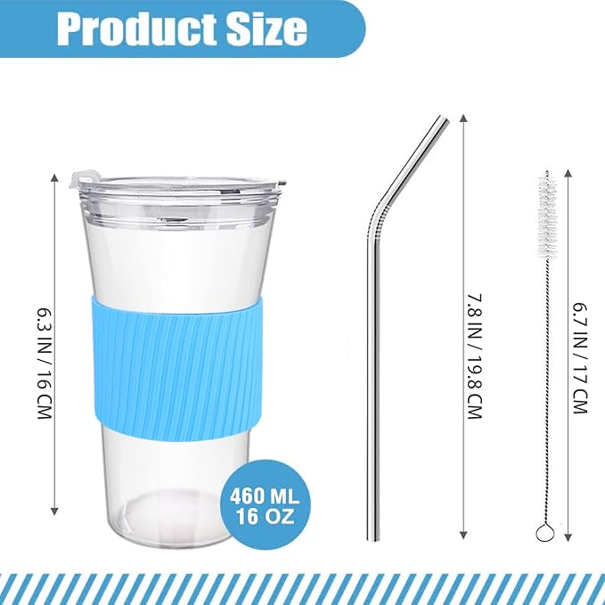2 Pack 16 oz Iced Coffee Cups with Lids & Straw, Reusable Glass Tumbler with Silicone Sleeve, Wide Mouth Can-Shaped Design for Juice, Smoothie, Water (Blue)