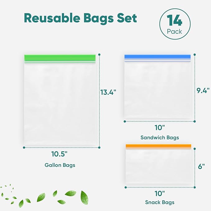 Lerine 14 Pack Reusable Freezer Bags Dishwasher Microwave Safe, Leakproof Extra-Large Reusable Snack Bags, BPA Free Food Storage Bags for Meal Prep (4 Gallon 6 Sandwich 4 Snack Bags)