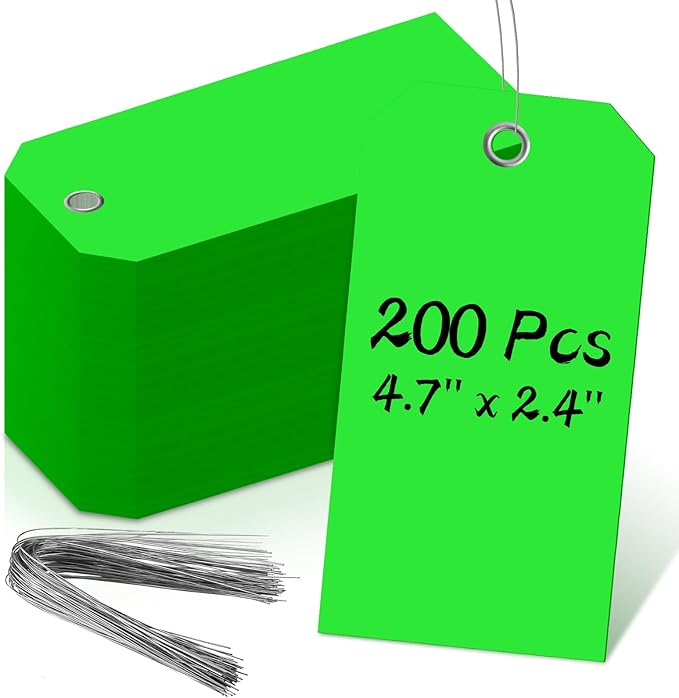 200 PCS 4 3/4" x 2 3/8" Neon Color Shipping Tags with Wire Paper Heavy Duty Hang Tags with Reinforcement Holes Writable Luggage Tag with String Durable Marking Tags (Neon Green, 4 3/4" x 2 3/8")