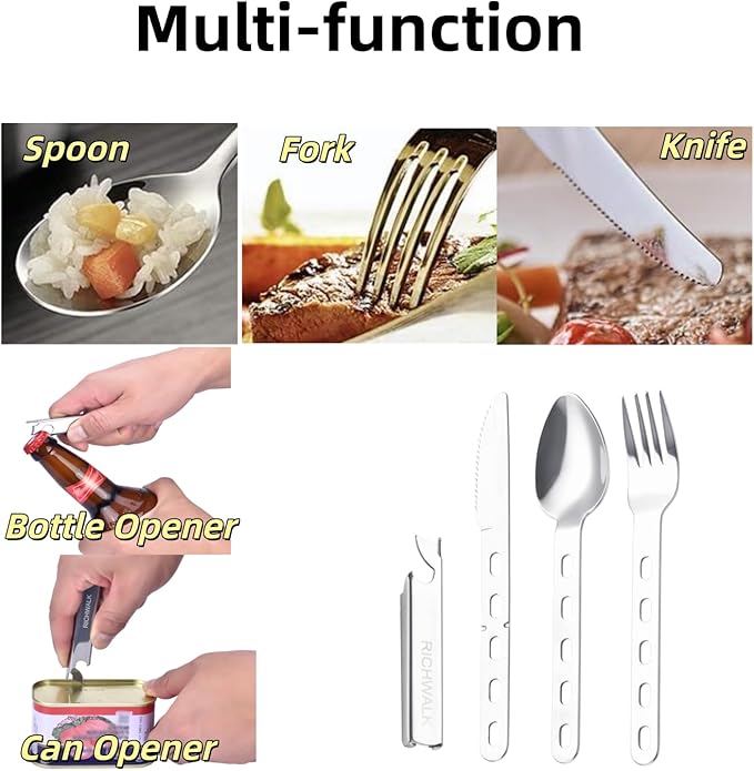 4-in-1 Camping Spoon Fork Knife Combos Set of 4 - Portable Stainless Steel Flatware Spoon Fork kit - fork Knife & Bottle Opener Combo Pack for Picnic Hiking Travel