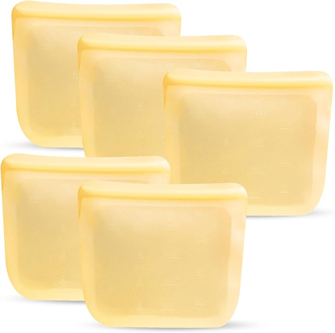purifyou Set of 5 Reusable Silicone Storage Snack Bags 6oz / 16oz / 32oz / 64oz Self-Seal Food Storage Container for Fruits, Vegetables, Sandwiches, Dishwasher Safe & Leak-free (PastelYellow, 64oz)