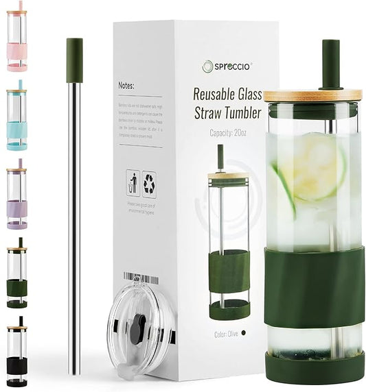 Glass Cups With Lids and Straws, 20oz Reusable Iced Coffee Cup, Olive Glass Tumbler with Silicone Sleeve, Perfect for Fruity Drinks, Iced Tea, or Smoothies