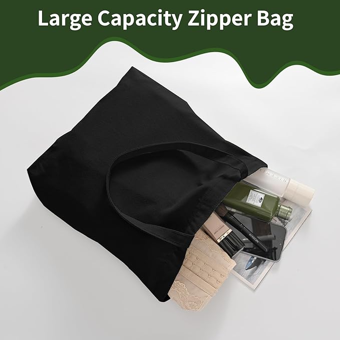10 Pack Black Canvas Tote Bag with Zipper, OLSUNOR Reusable Grocery Bags with Long Handle, DIY Heat Transfer Sublimation Blanks Shopping Bags for Advertising Birthday Thanksgiving Christmas Craft Bags