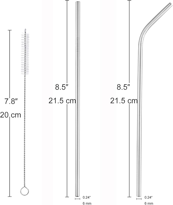 dcieiosul Set of 6 Reusable Metal Straws, 8.5'' Long Stainless Steel Straw with Cleaning Brushes and Case, Drinking for 20 oz Tumblers.