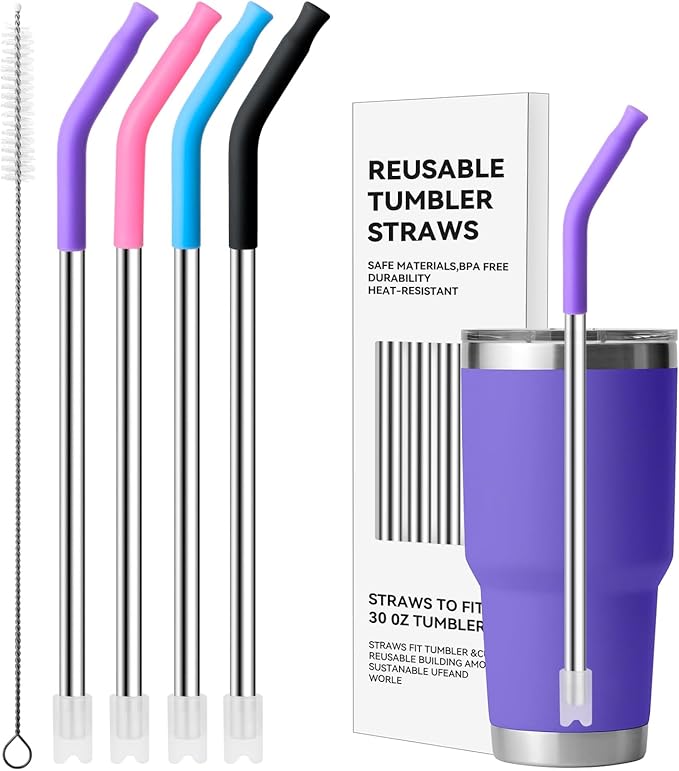 Metal Straws with Silicone Tip for 30 oz YETI Tumbler, 4 Pcs Reusable Stainless Steel Straws for 30 oz 35 oz YETI Cup(Color 2)