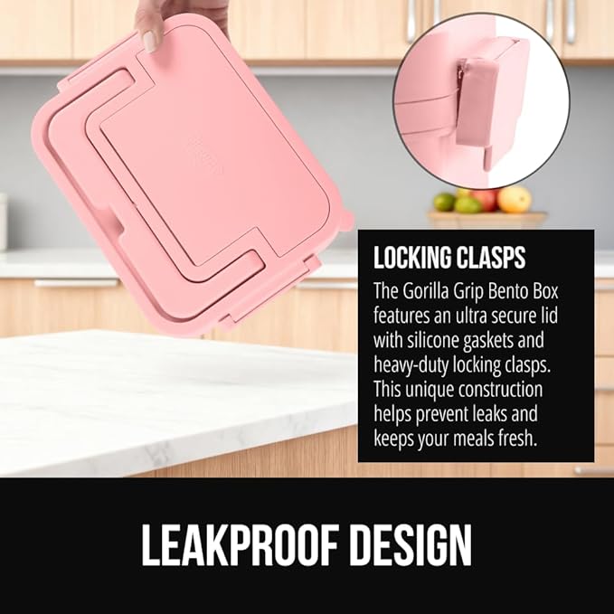 GORILLA GRIP BPA-Free Leakproof 5-Compartment Bento Lunch Box for Adults, Kids, Holds 10 Cups, Microwave Safe Hot and Cold Food Containers, Easy to Carry Lid Includes Built-In Utensils Set, Pink