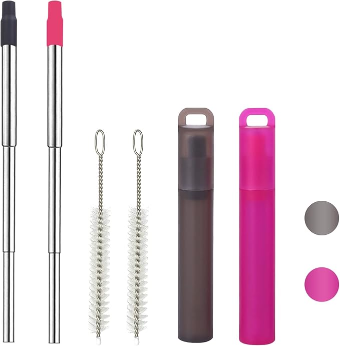 NAIVELY-Metal Reusable Straws, 2 Pack Collapsible Portable Stainless Steel Straws, with Plastic Housing Silicone Tips and Cleaning Brush, Retractable Portable Pocket Drinking Straws