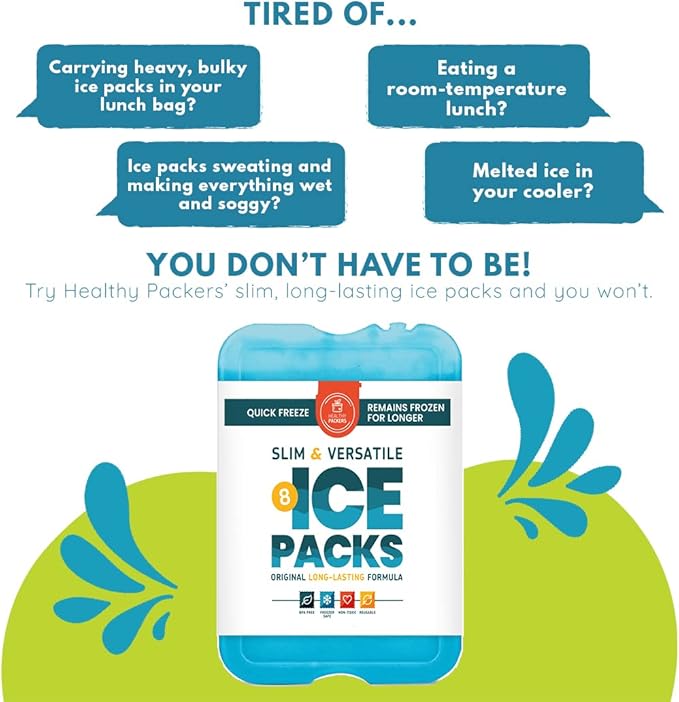 Healthy Packers Ice Packs for Lunch Boxes & Coolers - Freezer Packs - Original Cool Pack | Cooler Accessories for Beach, Camping & Fishing | Slim & Long-Lasting Reusable Ice Pack for Cooler