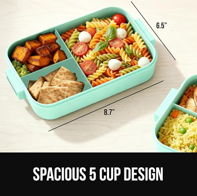 GORILLA GRIP BPA-Free Leakproof 3-Compartment Bento Lunch Box for Adults, Kids, Microwave Safe Hot and Cold Food Containers, Easy to Carry Lid Includes Built-In Utensils Set, Holds 5 Cups, Mint