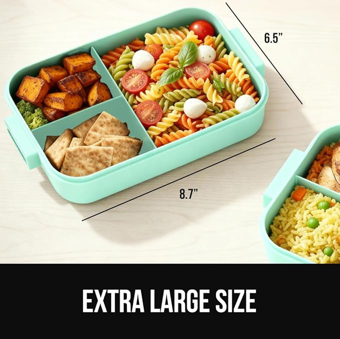 GORILLA GRIP BPA-Free Leakproof 5-Compartment Bento Lunch Box for Adults, Kids, Holds 10 Cups, Microwave Safe Hot and Cold Food Containers, Easy to Carry Lid Includes Built-In Utensils Set, Mint