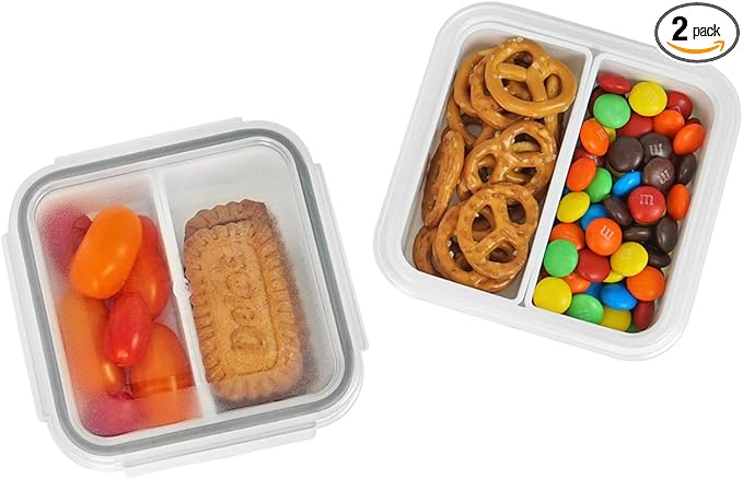 carrotez 2 Compartment Small Snack Containers, Mini Snack Containers for Mini Fridge, Small Food Storage Containers, Airtight Lids, Reusable, 1.1 cup, 2 PACK
