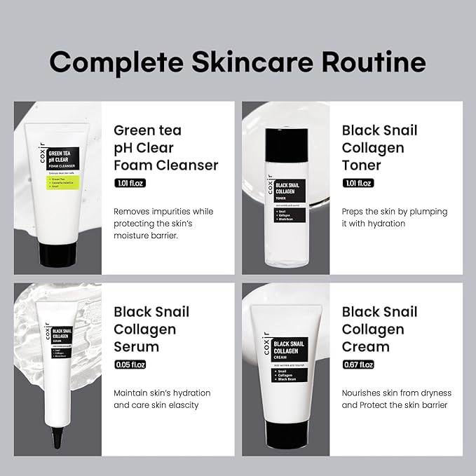 [Christmas Gift Set] coxir Black Snail Collagen Starter Kit – Cleanser, Toner, Serum & Cream | Repairing Snail Mucin Skincare Set, Hydrating Korean Beauty Routine for Women (4-Piece)