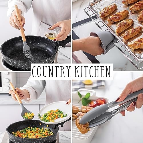 Country Kitchen Non Stick Silicone Utensil Set with Rounded Wood Handles for Cooking and Baking, 38 Piece Set, Gray - Image 6