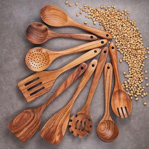 Wooden Kitchen Utensils Set,GUDAMAYE 9 PCE Natural Teak Wooden Spoons For Non-stick Pan for Cooking, - Image 2