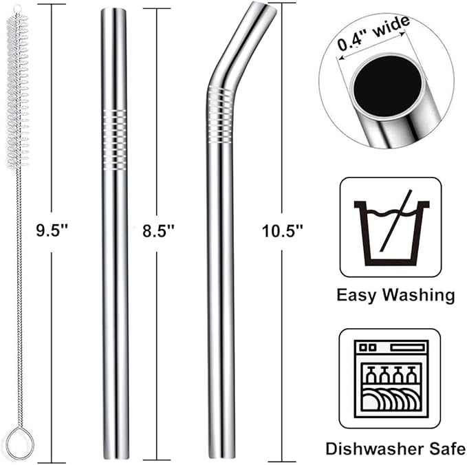 Jumbo Smoothie Straw Stainless Steel, Set of 6 Metal Milkshake Straws 0.4" Wide 10.5" Long Straws, Long Lasting & Food Grade, Metal Straw s Reusable for Smoothie, Milkshake, Beverage