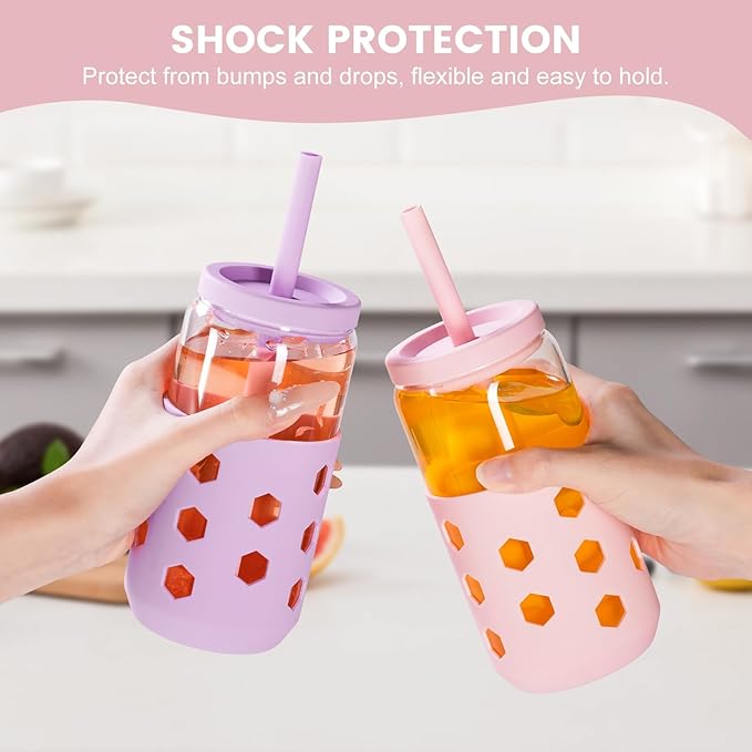 Glass Cups with Lids and Straws (4 Pcs), 16oz Drinking Glasses Set with Silicone Sleeves for Coffee Bar Accessories Iced Coffee Cups with Lids, Glass Tumbler Reusable for Gifts