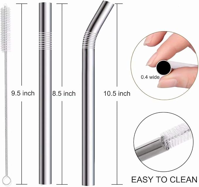 Vinaco Stainless Steel Smoothie Straws, 0.4'' Extra Wide Reusable Metal Drinking Straws for Milkshake, Smoothie, Beverage, Set of 6 with 1 Cleaning Brush (3pcs 10.5'' Bent |3pcs 8.5'' Straight)