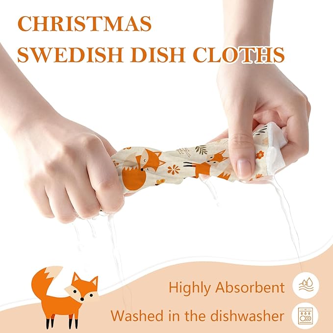 Mixed Fall Animal Swedish Kitchen Dishcloths Dish Towels 6 Pack, Fox Dish Towels for Kitchen, Swedish Dishcloth with Deer, Paper Towels Reusable, Dish Cloth Towel Cleaning Wipe for Home Party