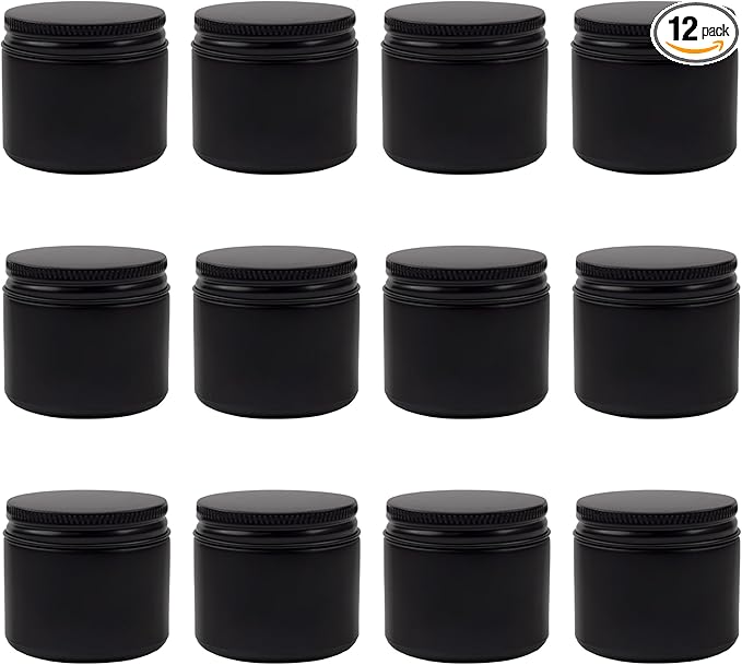Cornucopia Brands 2-Ounce Black Coated Glass Jars (Pack of 12) Cosmetic Jars with Black Metal Lids and Black Matte Exterior