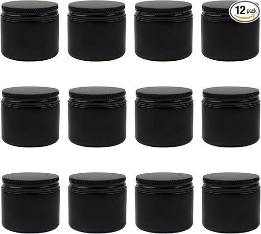 Cornucopia Brands 2-Ounce Black Coated Glass Jars (Pack of 12) Cosmetic Jars with Black Metal Lids and Black Matte Exterior