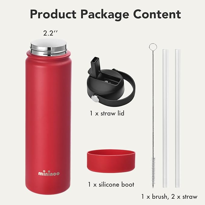 Mininoo Insulated Stainless Steel Water Bottle with Straw, Ceramic-Lined, BPA-Free & Leak-Proof, 24 oz, Red