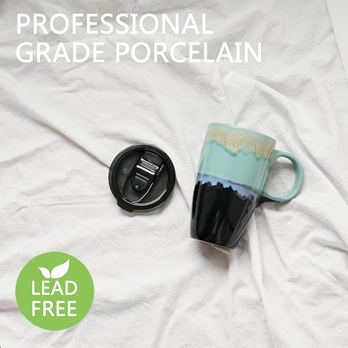 Bosmarlin Ceramic Travel Coffeel Mug with Handle and Lid, 18 oz, Portable Coffee Cup for Car Cup Holder, Microwave and Dishwasher Safe, Reactive Glaze (Pastel Blue)