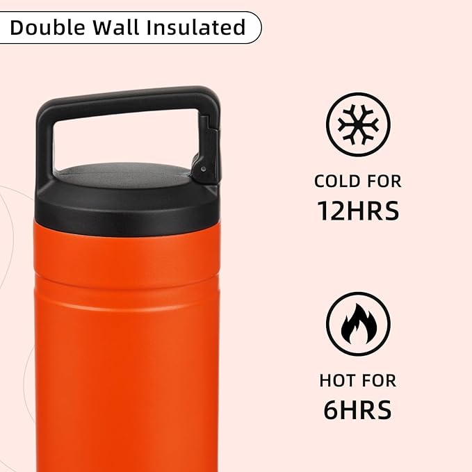 BJPKPK Insulated Water Bottle with 2 Lids,20 oz Double Wall Stainless Steel Vacuum Tumbler Travel Coffee Mug,Wide Mouth Thermal Cup,Orange