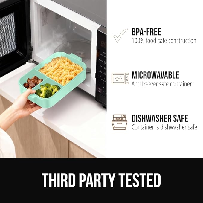 GORILLA GRIP BPA-Free Leakproof 5-Compartment Bento Lunch Box for Adults, Kids, Holds 10 Cups, Microwave Safe Hot and Cold Food Containers, Easy to Carry Lid Includes Built-In Utensils Set, Mint