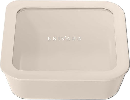 Ceramic Coated Glass Food Storage Container | No PTFE, PFOA, PFAS, and BPA | Reusable Non Toxic Meal Prep Container with Glass Lid | Easy To Store | 5 Cup Square [Crema]