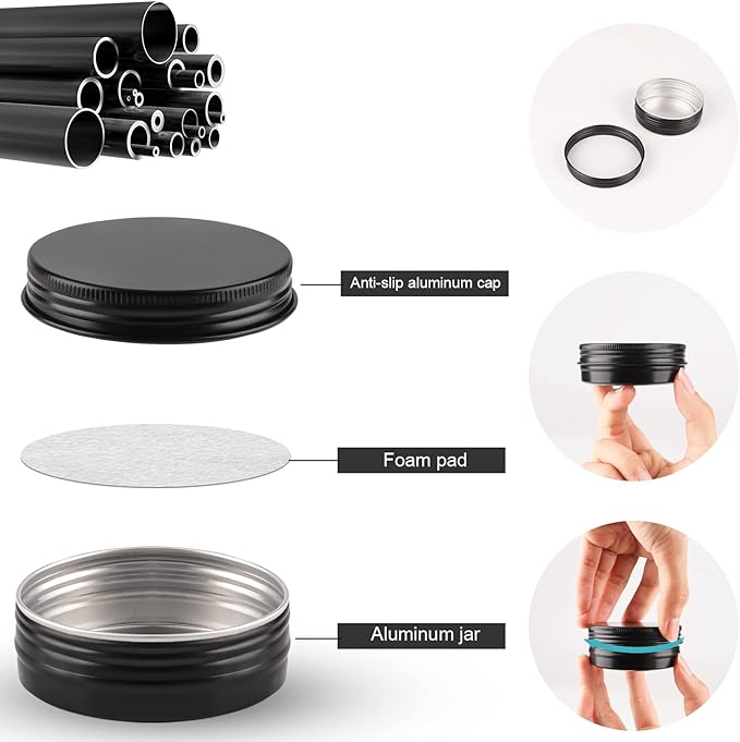 48 Pcs Aluminum Round Cans with Lid, 2 Oz Metal Tins Food Candle Containers with Screw Tops for Crafts, Food Storage, DIY (black)