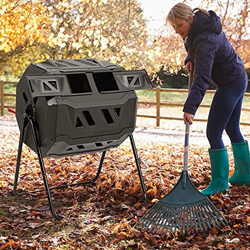 Goplus Compost Tumbler, 43 Gallon Rotating Compost Bin Barrel, Dual Chamber Tumbling Composter with Sliding Door, Gloves, Aeration System for Outdoor, Garden, Yard - Image 2