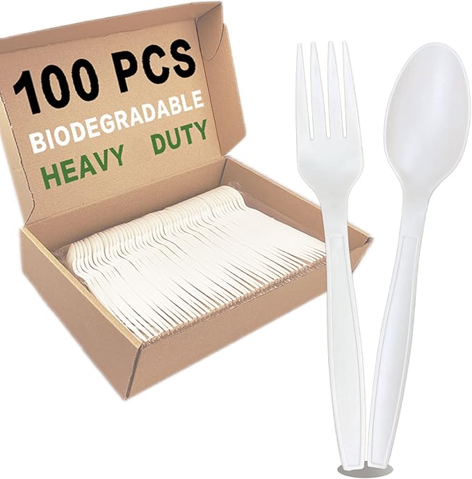 100pcs 100% Compostable Biodegradable Utensils Disposable Cutlery Set Cornstarch Spoon Fork Knife Alternative to Plastic (Spoon 50, Fork 50)