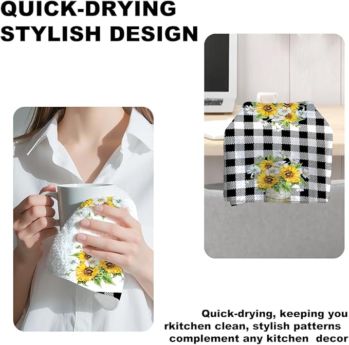 Jztco 2Pcs Sunflower Kitchen Towels 24x14 Inch, Spring Summer Floral Buffalo Plaid Hand Towels for Kitchen Farmhouse Decor, Absorbent Dish Cloth Tea Towel, Sunflower Gifts for Women Mom