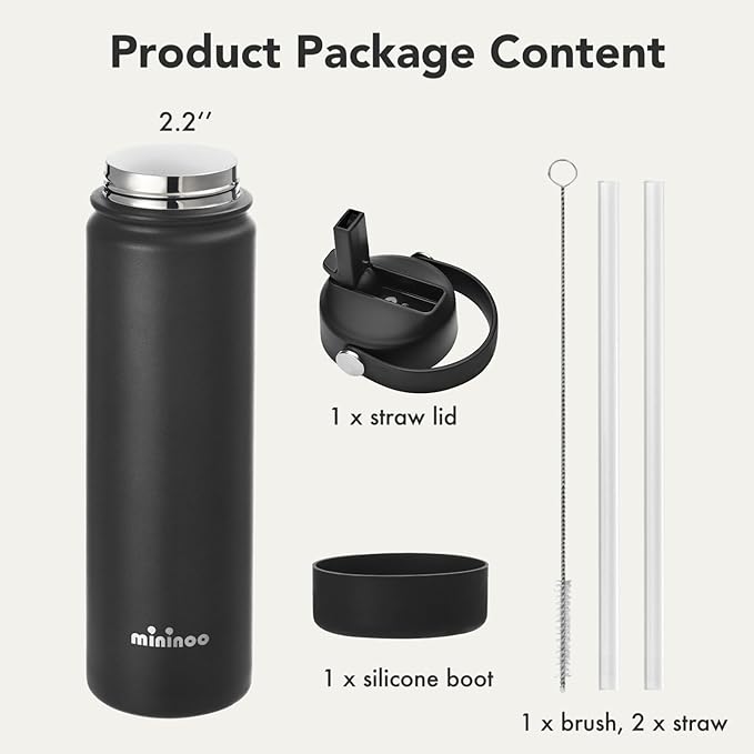 Mininoo Insulated Stainless Steel Water Bottle with Straw, Ceramic-Lined, BPA-Free & Leak-Proof, 24 oz, Black