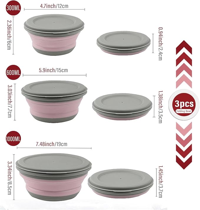 Collapsible Bowl, 3 Pcs Food Grade Silicone Camping Bowl, Expandable Salad Bowl Lunch Box with Lid & Tableware for Travel and Picnic (Pink)