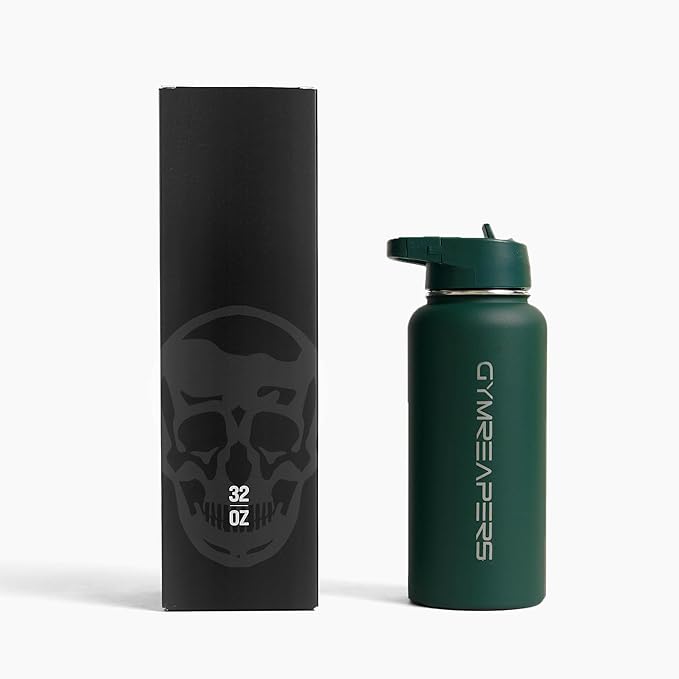 Gymreapers Insulated Water Bottle - Stainless Steel 32 Oz, 3 lids (Straw, Chug, Canteen), Double Walled Vacuum Insulation, Thermo Mug Cold Hot - Durable Powder Coated Finish