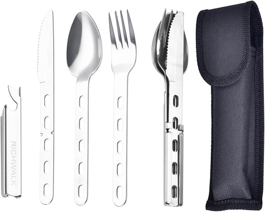 4-in-1 Camping Spoon Fork Knife Combos Set of 4 - Portable Stainless Steel Flatware Spoon Fork kit - fork Knife & Bottle Opener Combo Pack for Picnic Hiking Travel