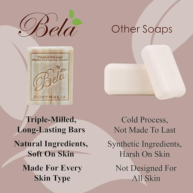 BELA Triple Milled Soap Variety Pack 3.3 OZ Pack of 6, Long Lasting French Triple Milled Bar Soap with Organic Shea Butter, Hand, Face and Body Wash Bar Made in Australia