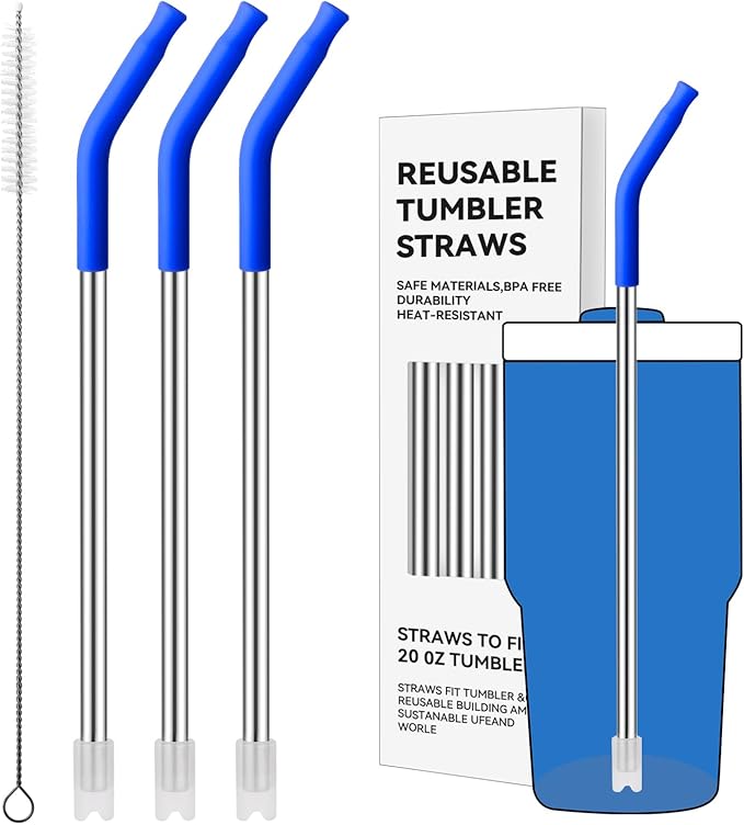 Reusable Metal Straws with Silicone Tip for Stanley 20oz,Stainless Steel Drinking Straws for 20oz Tumbler,3 Straight Tubes & 6 Tips& 1 Cleanr Brush(Iris)