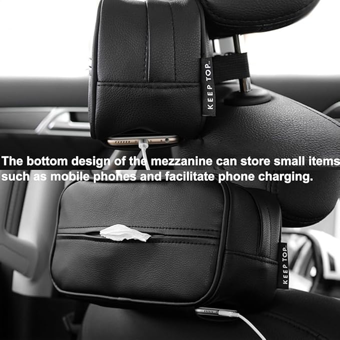 Car Tissue Holder, Travel Napkin Dispenser - PU Leather Fits Most Cars, SUVs, Trucks, and Vans