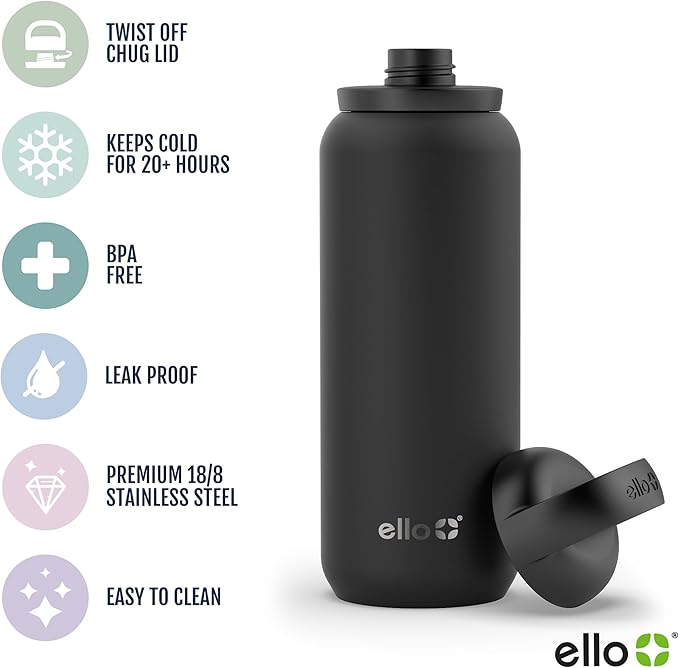 Ello Cooper Twist 32oz Stainless Steel Water Bottle with Chug Lid | Leak Proof | Double Walled and Vacuum Insulated | Built in Carry Loop | Dishwasher Safe | White Marble