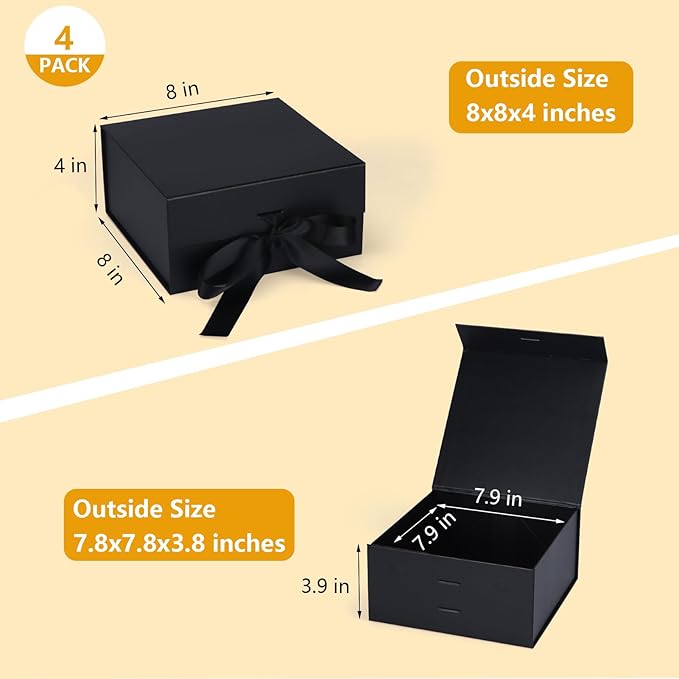 Giftgarden 4 Pack 8”x8”x4” Black Gift Boxes with Ribbon Magnetic Lids, Square Collapsible Gift Wrap Box Magnet Clourse for Present, Christmas, Birthday, Wedding, Valentines, Bridesmaid Proposal Box