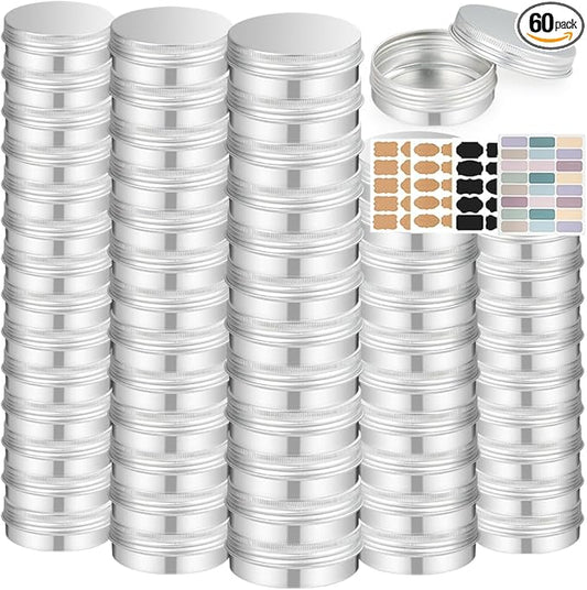 YQ 60 Pack 2oz Tins with Lids, Refillable Salve Tins, Thick 2 oz Tin with Labels, Screw Lid 2oz Tin, Aluminum Round Salve Containers, for Lotions, Balms, Salve, Candle(Silver)