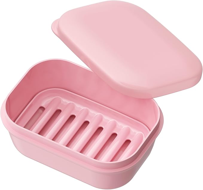 Quatish Leakproof Soap Dish with Lid & Draining Layer, Shatterproof Travel Bar Soap Holder Case Container, Portable Travel Size Toiletries Essentials for Camping, Gym, Bathroom, Pink