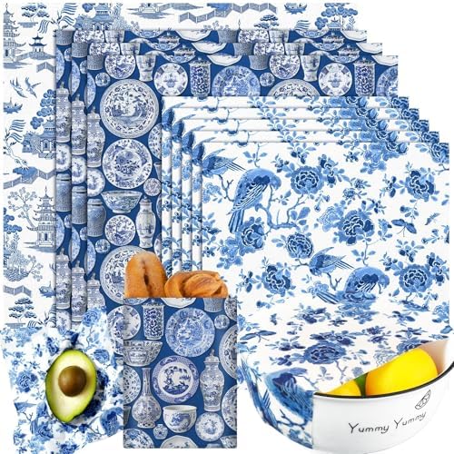 Tigeen 9 Pcs Reusable Beeswax Wrap for Food, Blue Chinoiserie Beeswax Paper by Tigeen