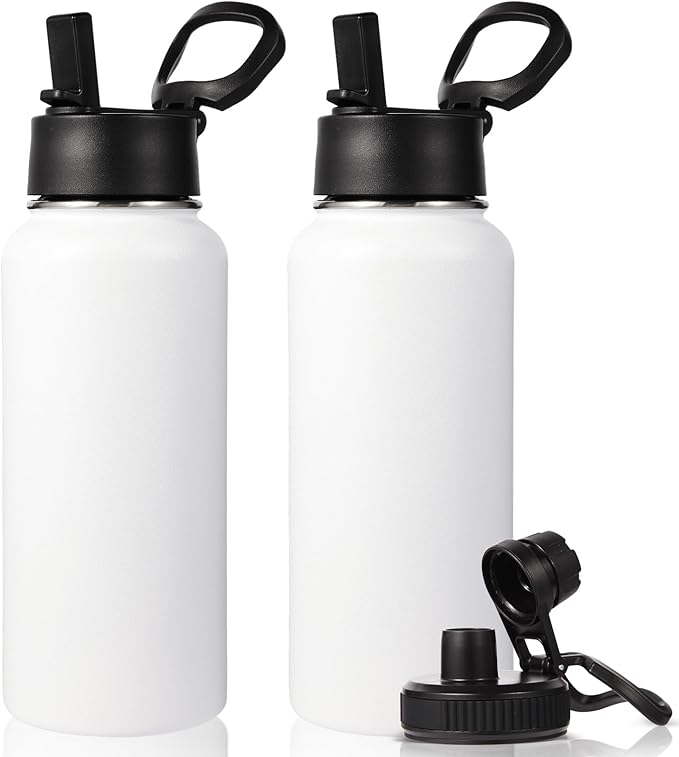 Neihepal 32 oz Insulated Water Bottles with 2 Lids (Straw & Spout Lid), 18/8 Stainless Steel Double Wall Water Bottle for Gym, Travel, Camping, Sports (White,2 Pack)